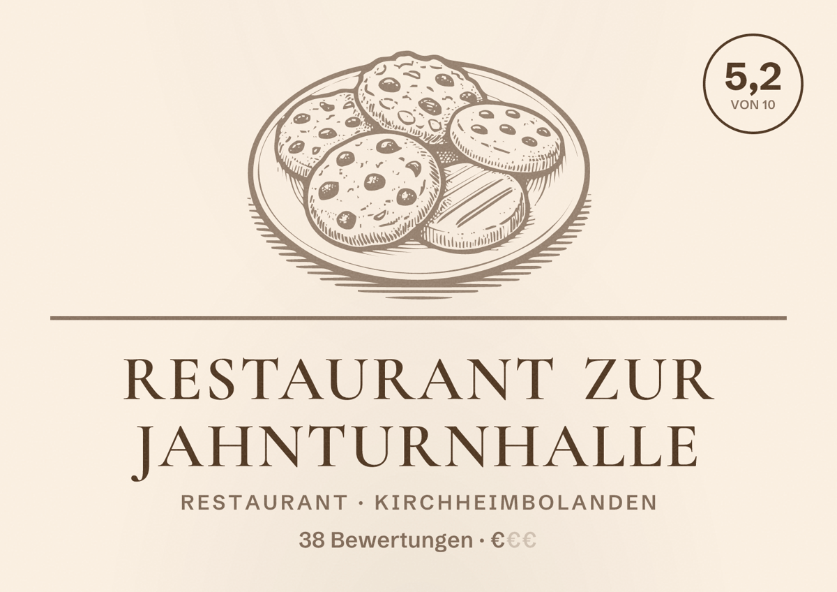 Illustriertes Poster von Restaurant zur Jahnturnhalle, Restaurant in Kirchheimbolanden: Bewertung 5,2 von 10 aus 38 Bewertungen, Preisniveau €