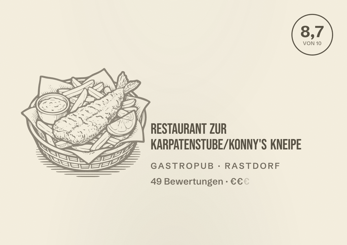 Illustriertes Poster von Restaurant Zur Karpatenstube/Konny's Kneipe, Gastropub in Rastdorf: Bewertung 8,7 von 10 aus 49 Bewertungen, Preisniveau €€