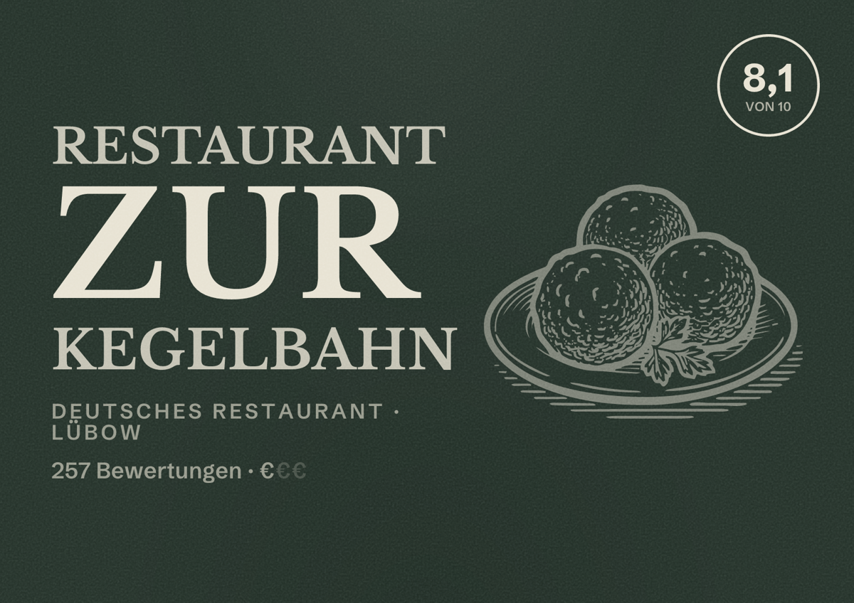 Illustriertes Poster von Restaurant Zur Kegelbahn, Deutsches Restaurant in Lübow: Bewertung 8,1 von 10 aus 257 Bewertungen, Preisniveau €