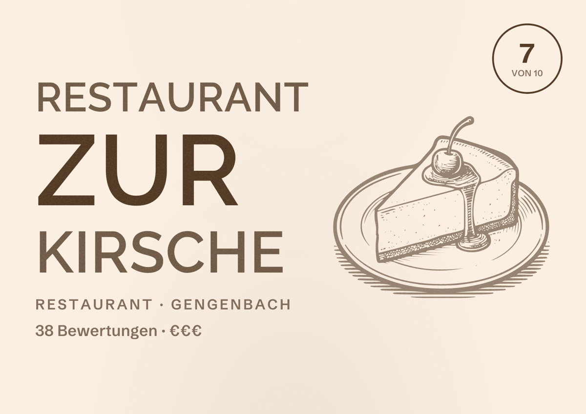 Illustriertes Poster von Restaurant Zur Kirsche, Restaurant in Gengenbach: Bewertung 7 von 10 aus 38 Bewertungen, Preisniveau €€€