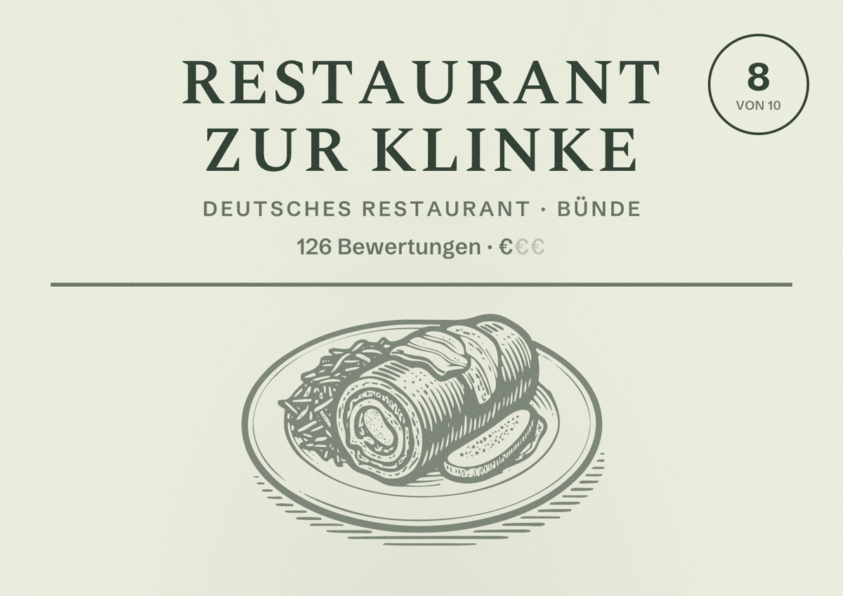 Illustriertes Poster von Restaurant Zur Klinke, Deutsches Restaurant in Bünde: Bewertung 8 von 10 aus 126 Bewertungen, Preisniveau €