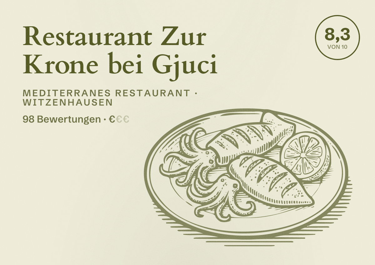 Illustriertes Poster von Restaurant Zur Krone bei Gjuci, Mediterranes Restaurant in Witzenhausen: Bewertung 8,3 von 10 aus 98 Bewertungen, Preisniveau €
