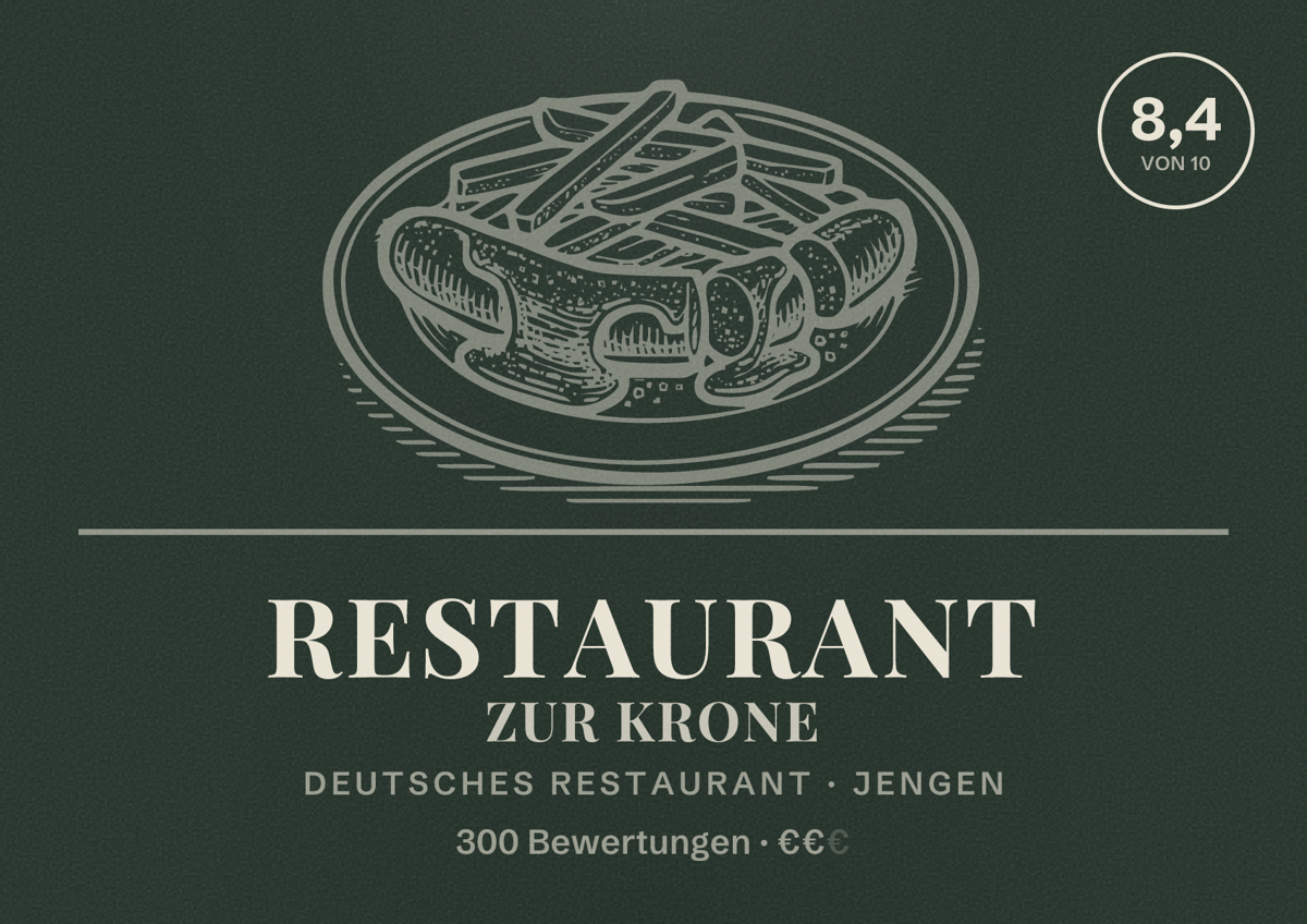 Illustriertes Poster von Restaurant Zur Krone, Deutsches Restaurant in Jengen: Bewertung 8,4 von 10 aus 300 Bewertungen, Preisniveau €€