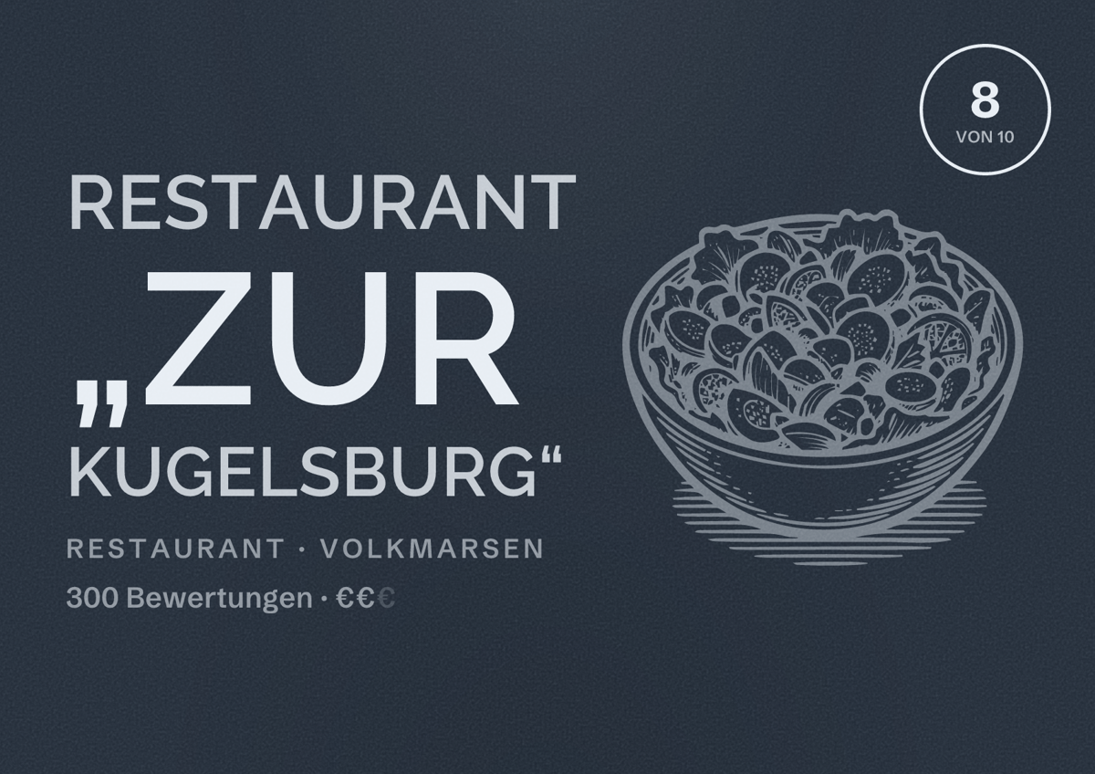 Illustriertes Poster von Restaurant „Zur Kugelsburg“, Restaurant in Volkmarsen: Bewertung 8 von 10 aus 300 Bewertungen, Preisniveau €€