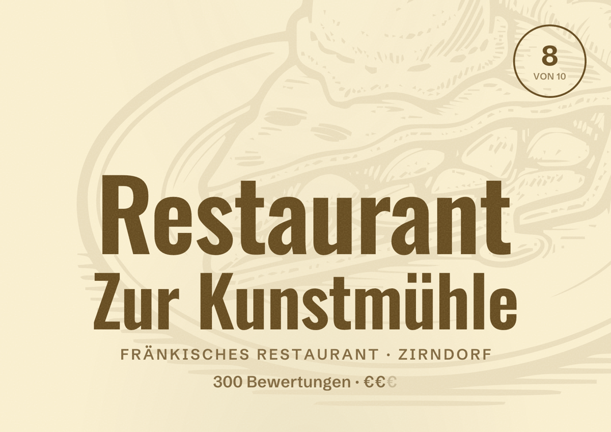 Illustriertes Poster von Restaurant Zur Kunstmühle, Fränkisches Restaurant in Zirndorf: Bewertung 8 von 10 aus 300 Bewertungen, Preisniveau €€