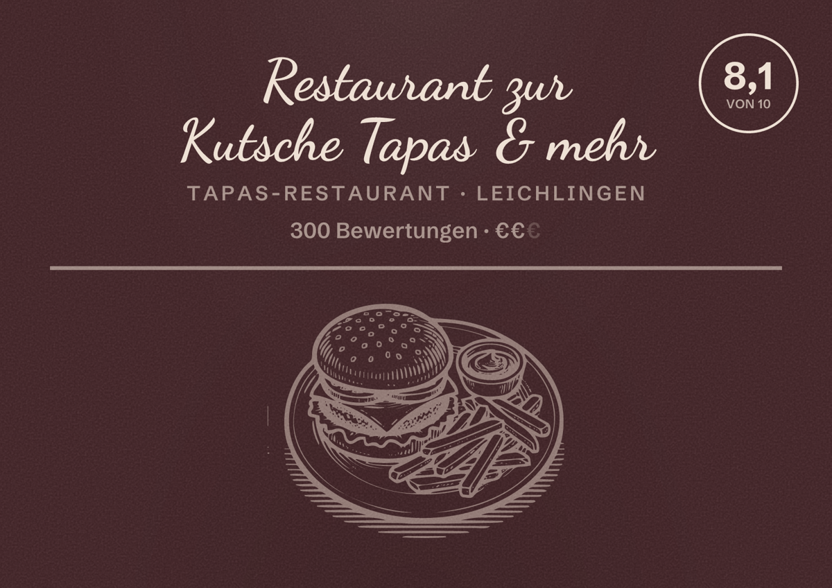 Illustriertes Poster von Restaurant zur Kutsche Tapas & mehr, Tapas-Restaurant in Leichlingen: Bewertung 8,1 von 10 aus 300 Bewertungen, Preisniveau €€