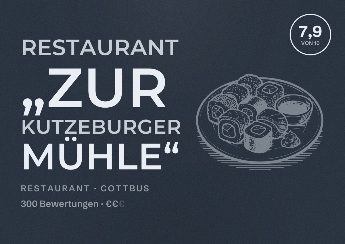 Illustriertes Poster von Restaurant „Zur Kutzeburger Mühle“, Restaurant in Cottbus: Bewertung 7,9 von 10 aus 300 Bewertungen, Preisniveau €€