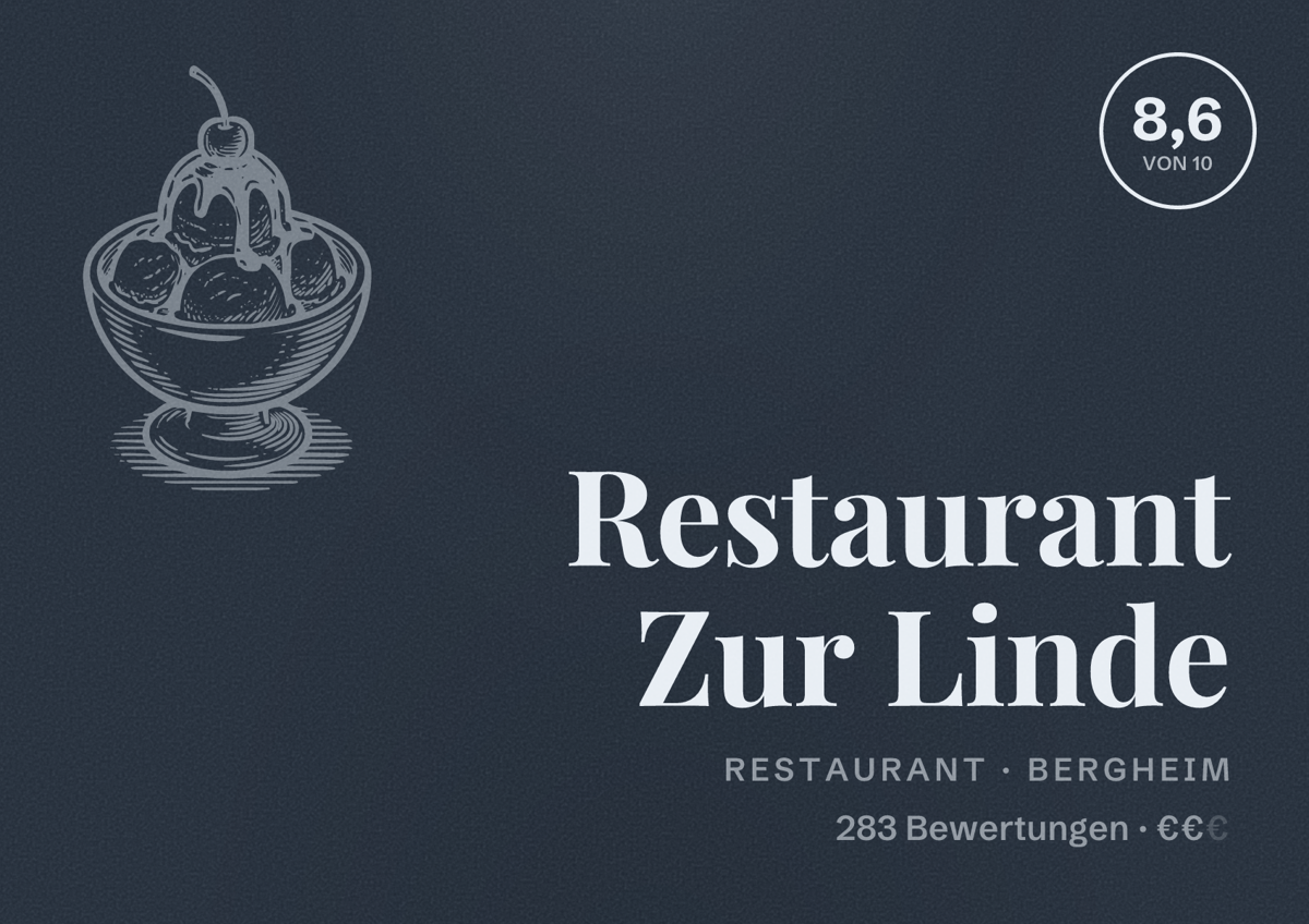 Illustriertes Poster von Restaurant Zur Linde, Restaurant in Bergheim: Bewertung 8,6 von 10 aus 283 Bewertungen, Preisniveau €€