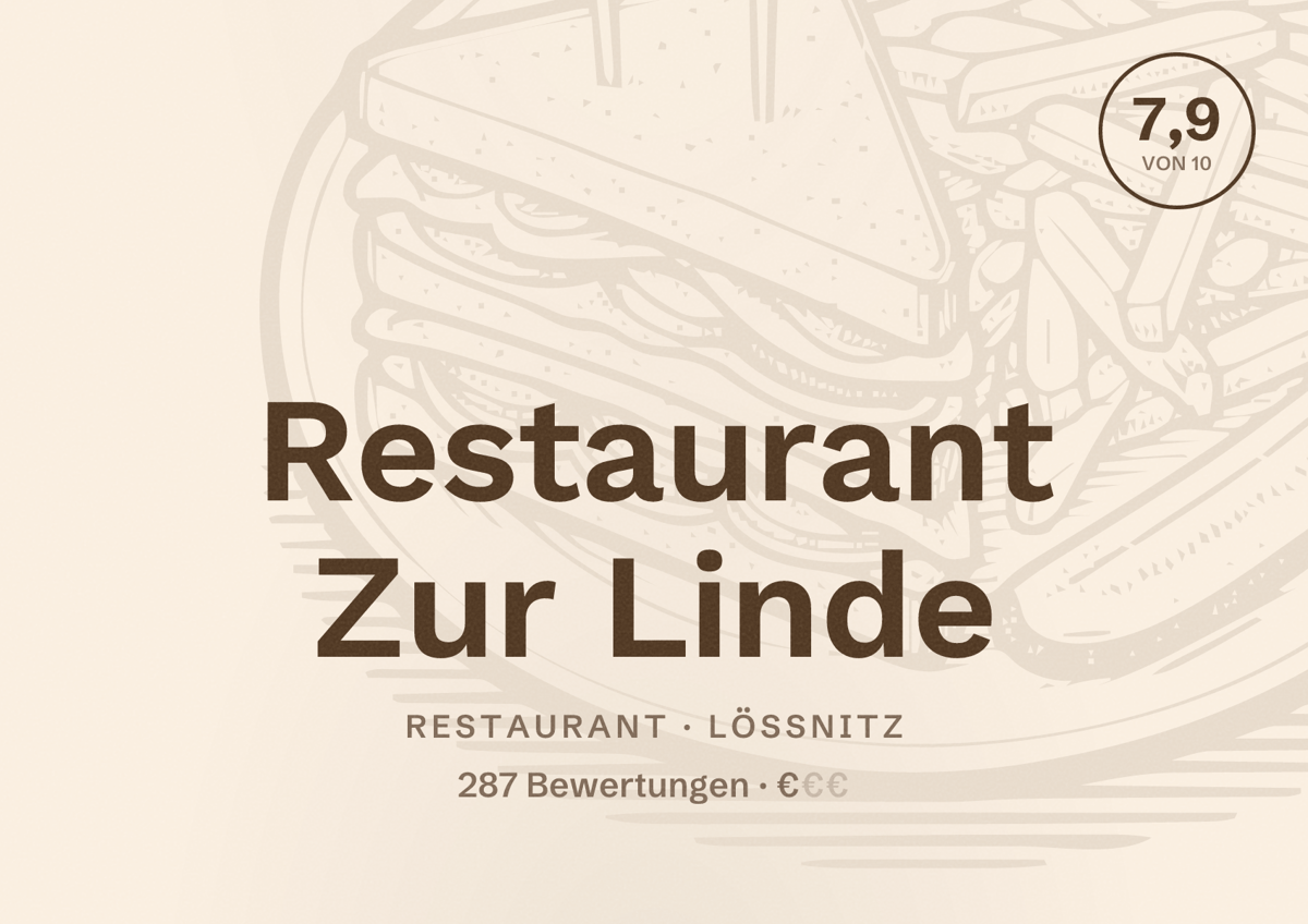 Illustriertes Poster von Restaurant Zur Linde, Restaurant in Lößnitz: Bewertung 7,9 von 10 aus 287 Bewertungen, Preisniveau €