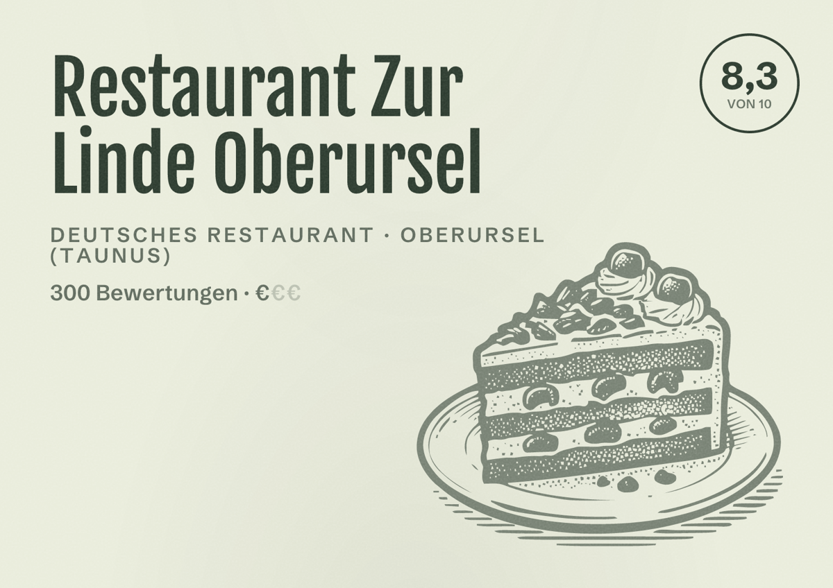 Illustriertes Poster von Restaurant Zur Linde Oberursel, Deutsches Restaurant in Oberursel (Taunus): Bewertung 8,3 von 10 aus 300 Bewertungen, Preisniveau €