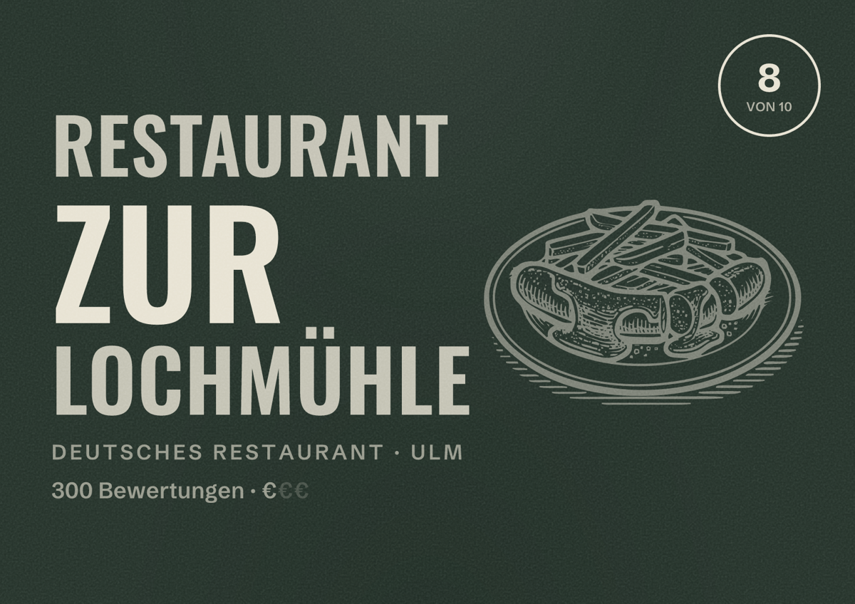 Illustriertes Poster von Restaurant Zur Lochmühle, Deutsches Restaurant in Ulm: Bewertung 8,0 von 10 aus 300 Bewertungen, Preisniveau €