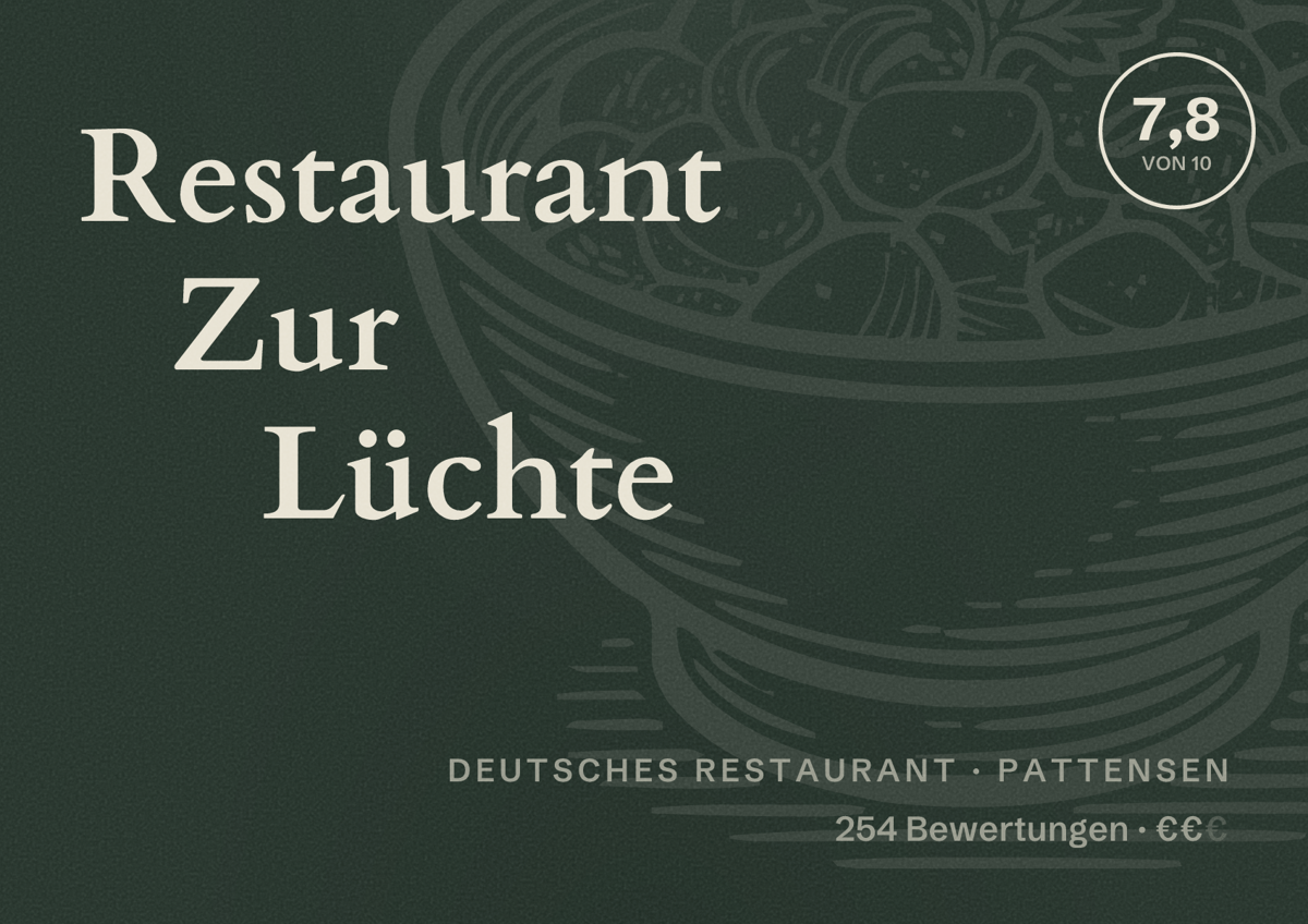 Illustriertes Poster von Restaurant Zur Lüchte, Deutsches Restaurant in Pattensen: Bewertung 7,8 von 10 aus 254 Bewertungen, Preisniveau €€
