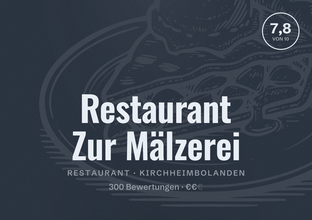 Illustriertes Poster von Restaurant Zur Mälzerei, Restaurant in Kirchheimbolanden: Bewertung 7,8 von 10 aus 300 Bewertungen, Preisniveau €€