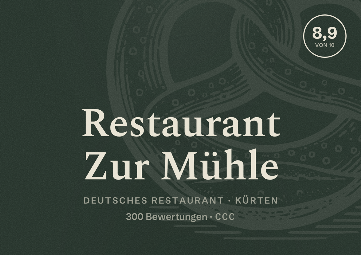 Illustriertes Poster von Restaurant Zur Mühle, Deutsches Restaurant in Kürten: Bewertung 8,9 von 10 aus 300 Bewertungen, Preisniveau €€€