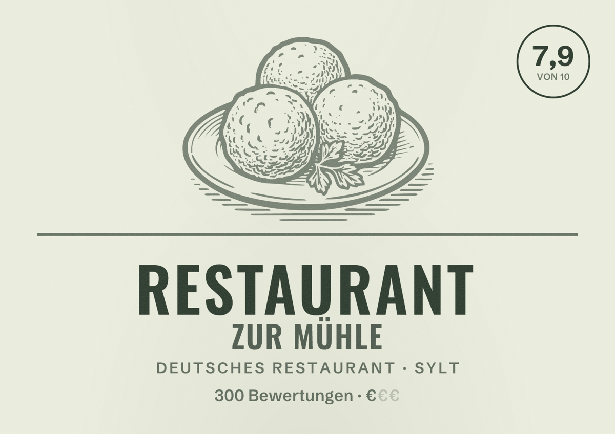 Illustriertes Poster von Restaurant Zur Mühle, Deutsches Restaurant in Sylt: Bewertung 7,9 von 10 aus 300 Bewertungen, Preisniveau €