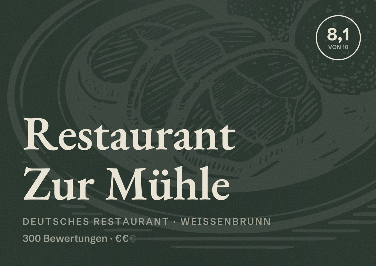 Illustriertes Poster von Restaurant Zur Mühle, Deutsches Restaurant in Weißenbrunn: Bewertung 8,1 von 10 aus 300 Bewertungen, Preisniveau €€