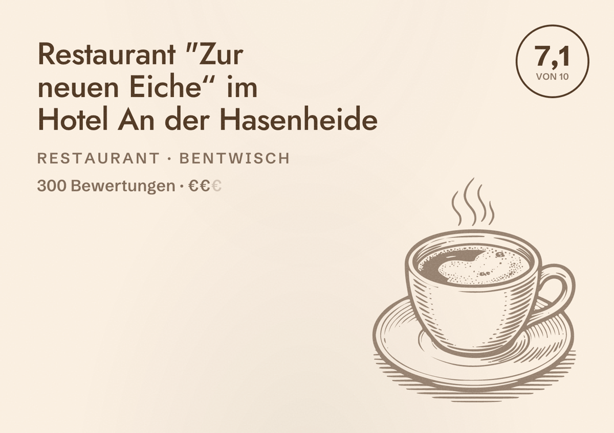 Illustriertes Poster von Restaurant "Zur neuen Eiche“ im Hotel An der Hasenheide, Restaurant in Bentwisch: Bewertung 7,1 von 10 aus 300 Bewertungen, Preisniveau €€