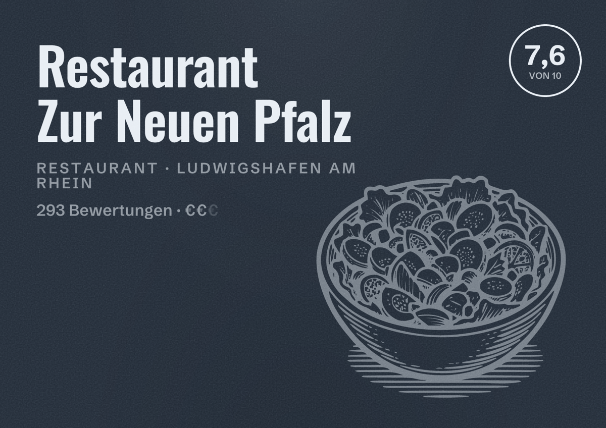Illustriertes Poster von Restaurant Zur Neuen Pfalz, Restaurant in Ludwigshafen am Rhein: Bewertung 7,6 von 10 aus 293 Bewertungen, Preisniveau €€