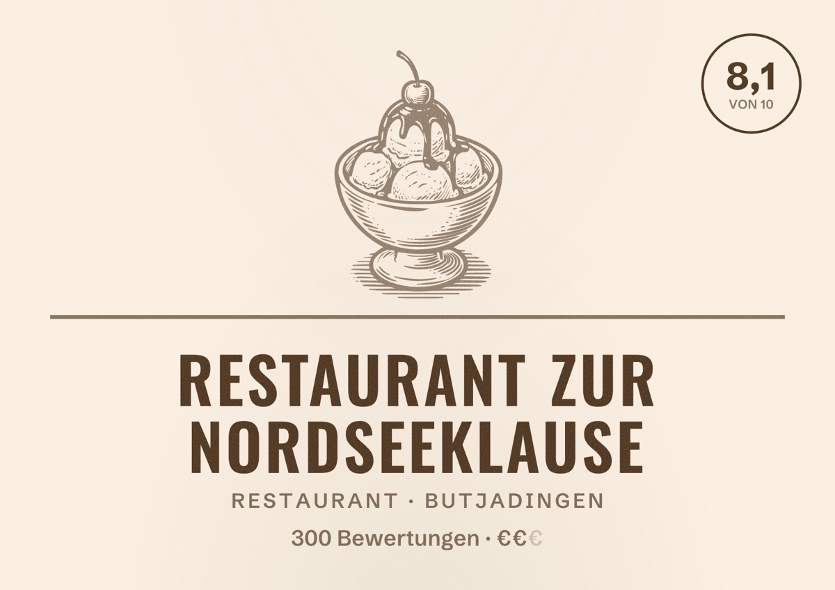 Illustriertes Poster von Restaurant Zur Nordseeklause, Restaurant in Butjadingen: Bewertung 8,1 von 10 aus 300 Bewertungen, Preisniveau €€