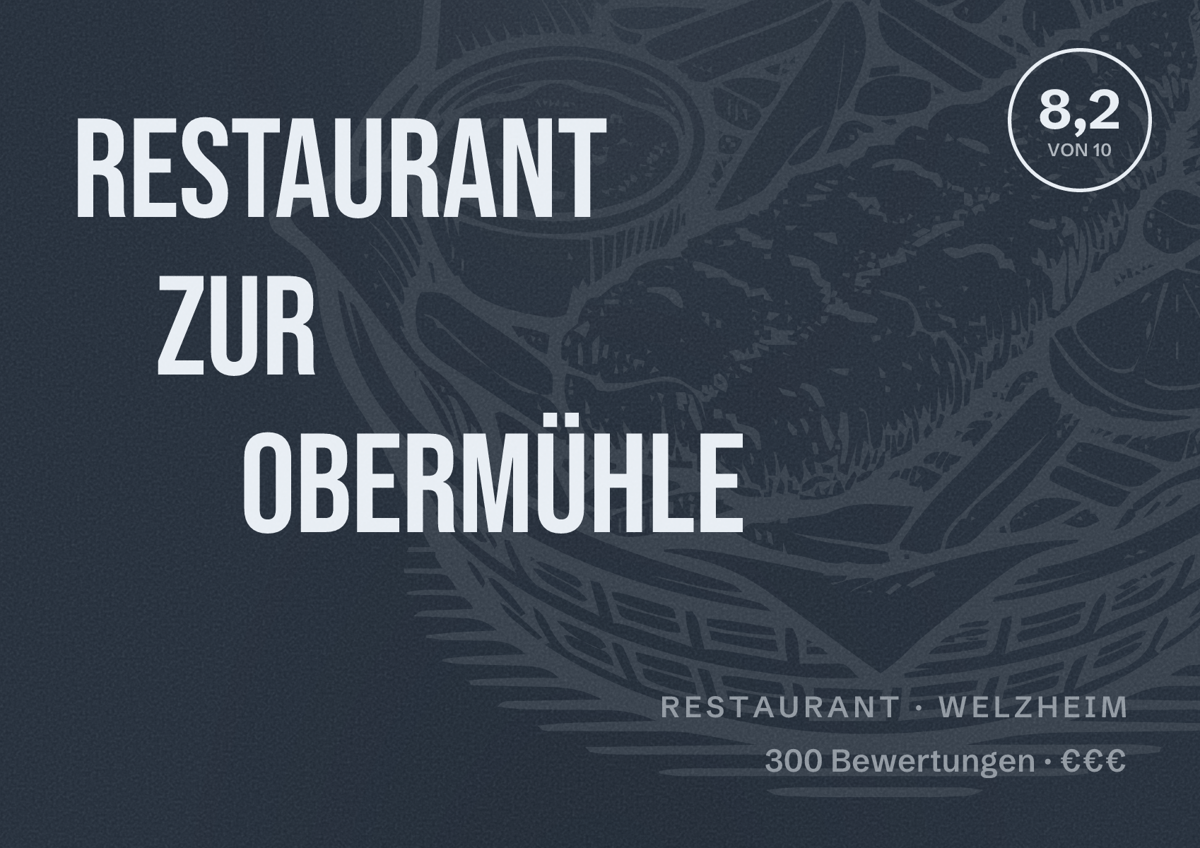 Illustriertes Poster von Restaurant zur Obermühle, Restaurant in Welzheim: Bewertung 8,2 von 10 aus 300 Bewertungen, Preisniveau €€€