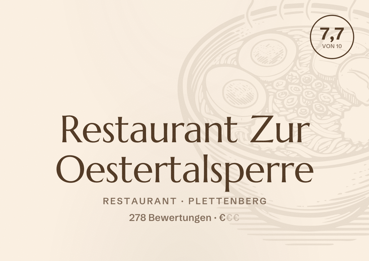 Illustriertes Poster von Restaurant Zur Oestertalsperre, Restaurant in Plettenberg: Bewertung 7,7 von 10 aus 278 Bewertungen, Preisniveau €