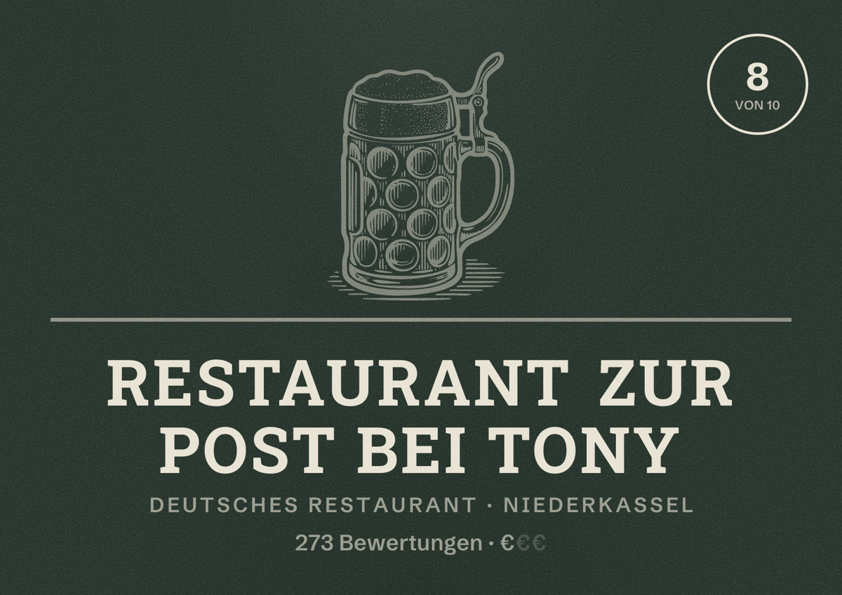 Illustriertes Poster von Restaurant zur Post bei Tony, Deutsches Restaurant in Niederkassel: Bewertung 8 von 10 aus 273 Bewertungen, Preisniveau €