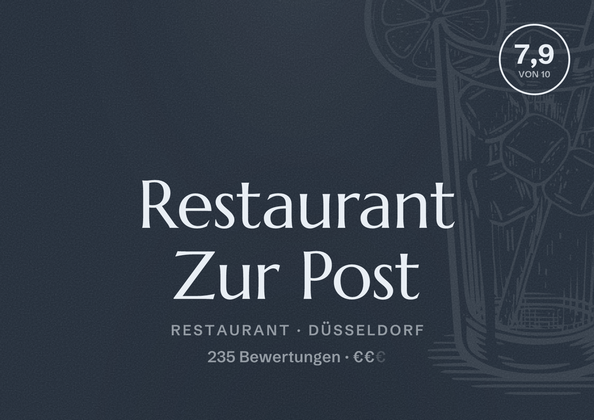 Illustriertes Poster von Restaurant Zur Post, Restaurant in Düsseldorf: Bewertung 7,9 von 10 aus 235 Bewertungen, Preisniveau €€