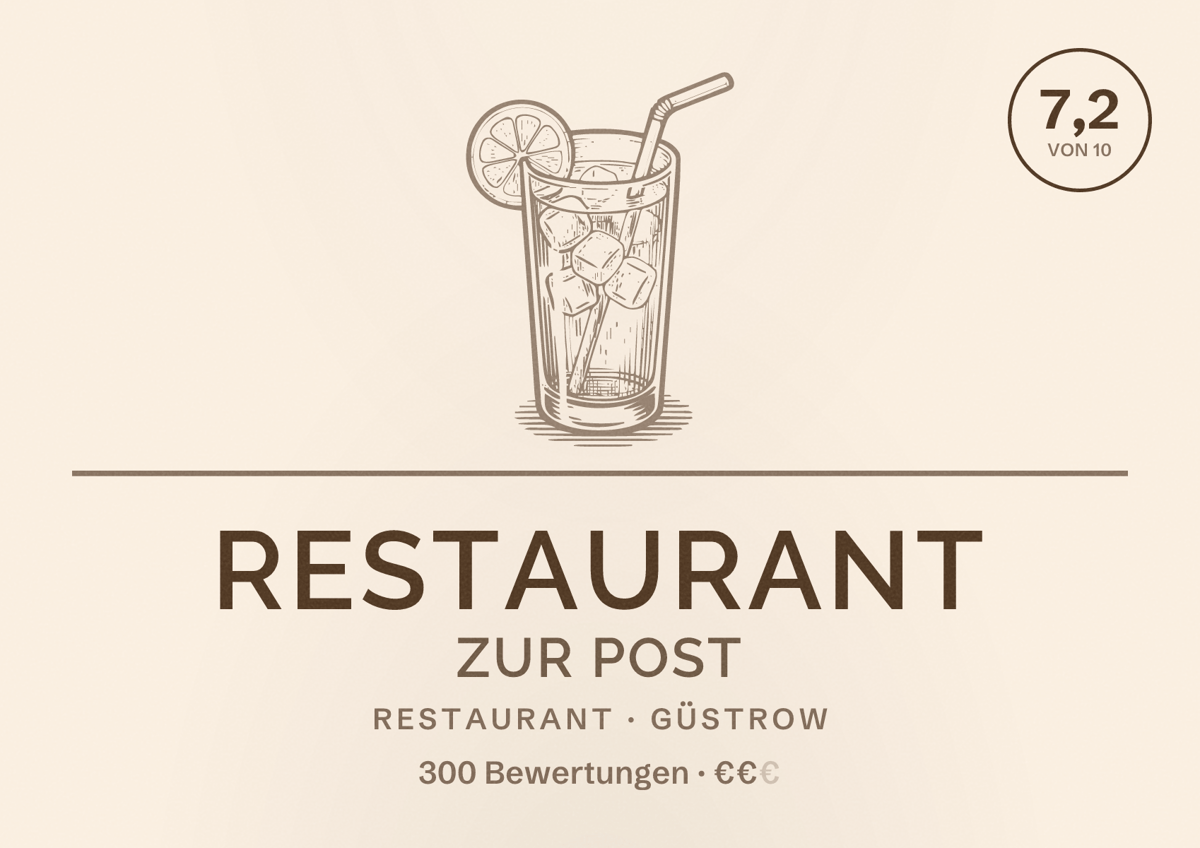 Illustriertes Poster von Restaurant Zur Post, Restaurant in Güstrow: Bewertung 7,2 von 10 aus 300 Bewertungen, Preisniveau €€