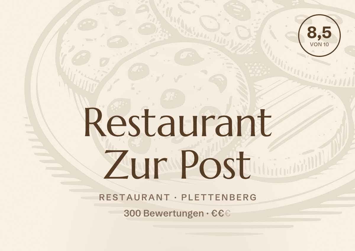 Illustriertes Poster von Restaurant Zur Post, Restaurant in Plettenberg: Bewertung 8,5 von 10 aus 300 Bewertungen, Preisniveau €€