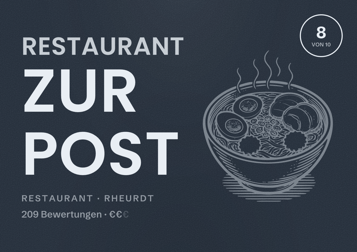 Illustriertes Poster von Restaurant Zur Post, Restaurant in Rheurdt: Bewertung 8 von 10 aus 209 Bewertungen, Preisniveau €€