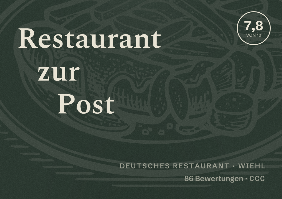 Illustriertes Poster von Restaurant zur Post, Deutsches Restaurant in Wiehl: Bewertung 7,8 von 10 aus 86 Bewertungen, Preisniveau €€€