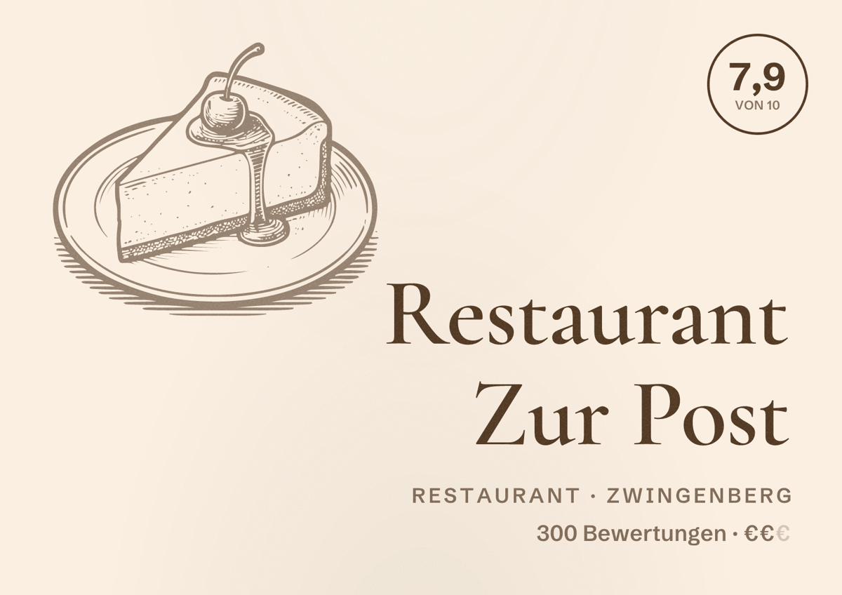Illustriertes Poster von Restaurant Zur Post, Restaurant in Zwingenberg: Bewertung 7,9 von 10 aus 300 Bewertungen, Preisniveau €€