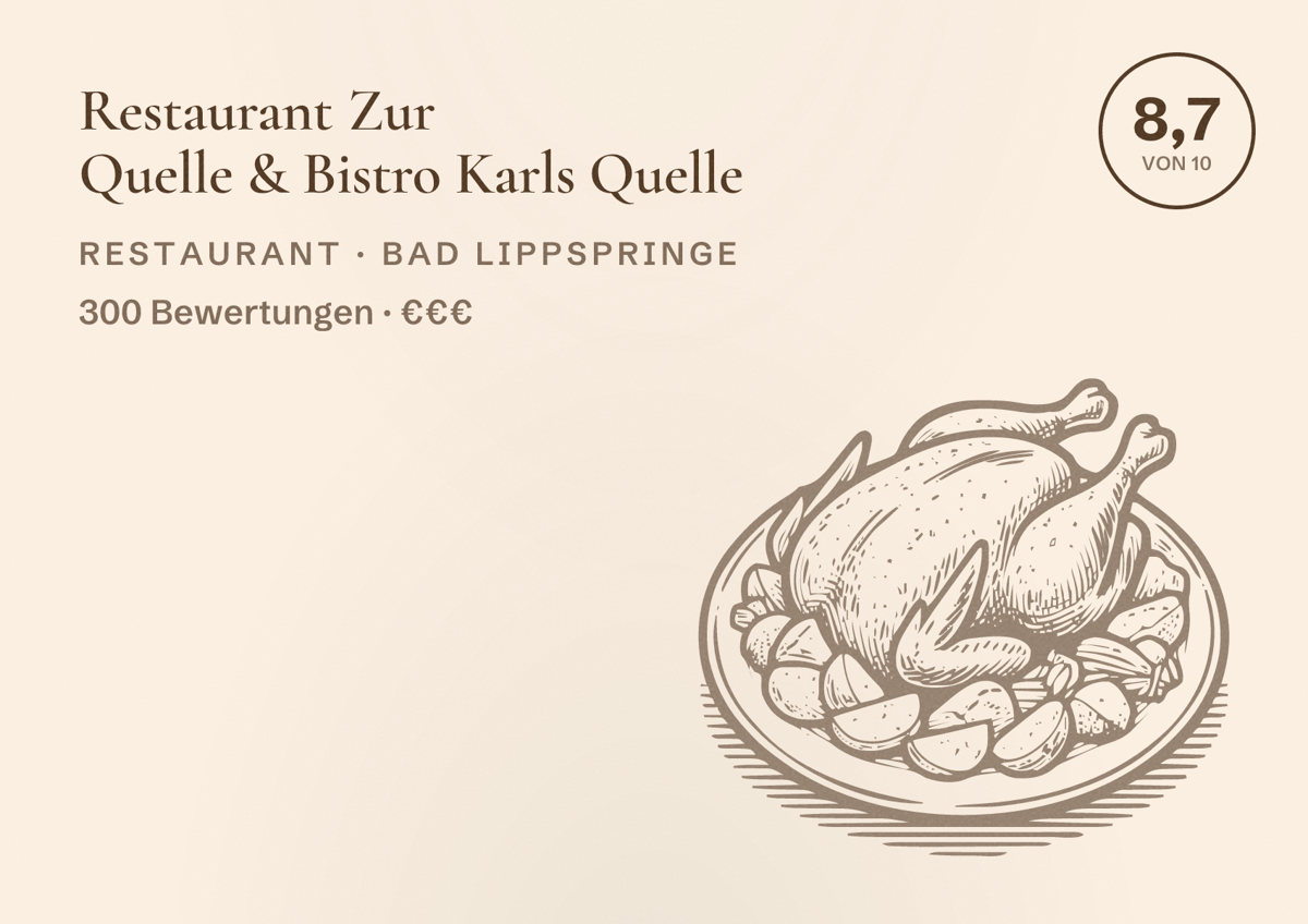 Illustriertes Poster von Restaurant Zur Quelle & Bistro Karls Quelle, Restaurant in Bad Lippspringe: Bewertung 8,7 von 10 aus 300 Bewertungen, Preisniveau €€€