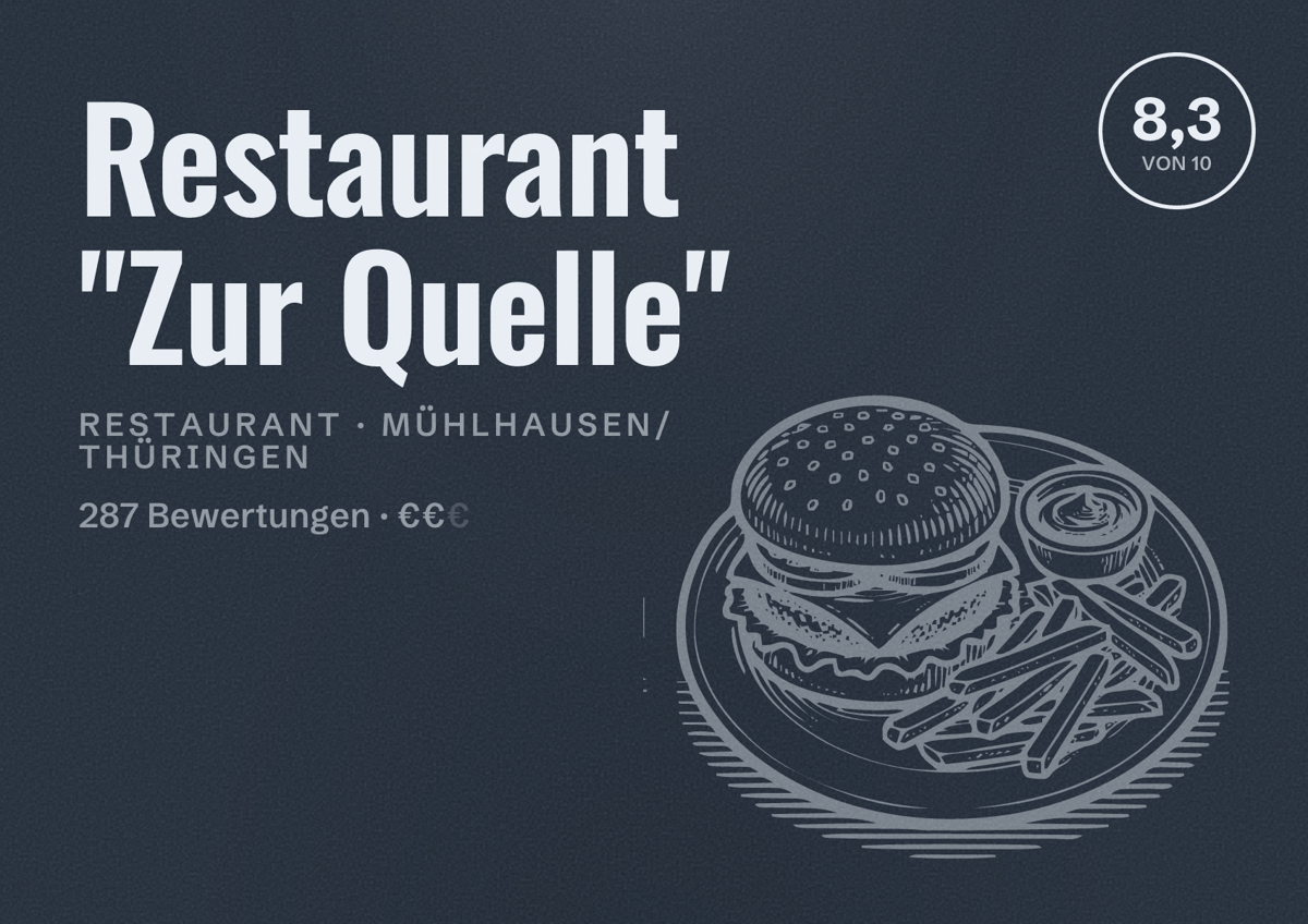 Illustriertes Poster von Restaurant "Zur Quelle", Restaurant in Mühlhausen/Thüringen: Bewertung 8,3 von 10 aus 287 Bewertungen, Preisniveau €€