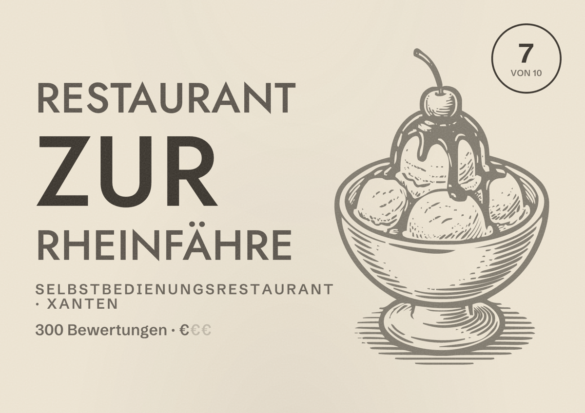 Illustriertes Poster von Restaurant Zur Rheinfähre, Selbstbedienungsrestaurant in Xanten: Bewertung 7 von 10 aus 300 Bewertungen, Preisniveau €