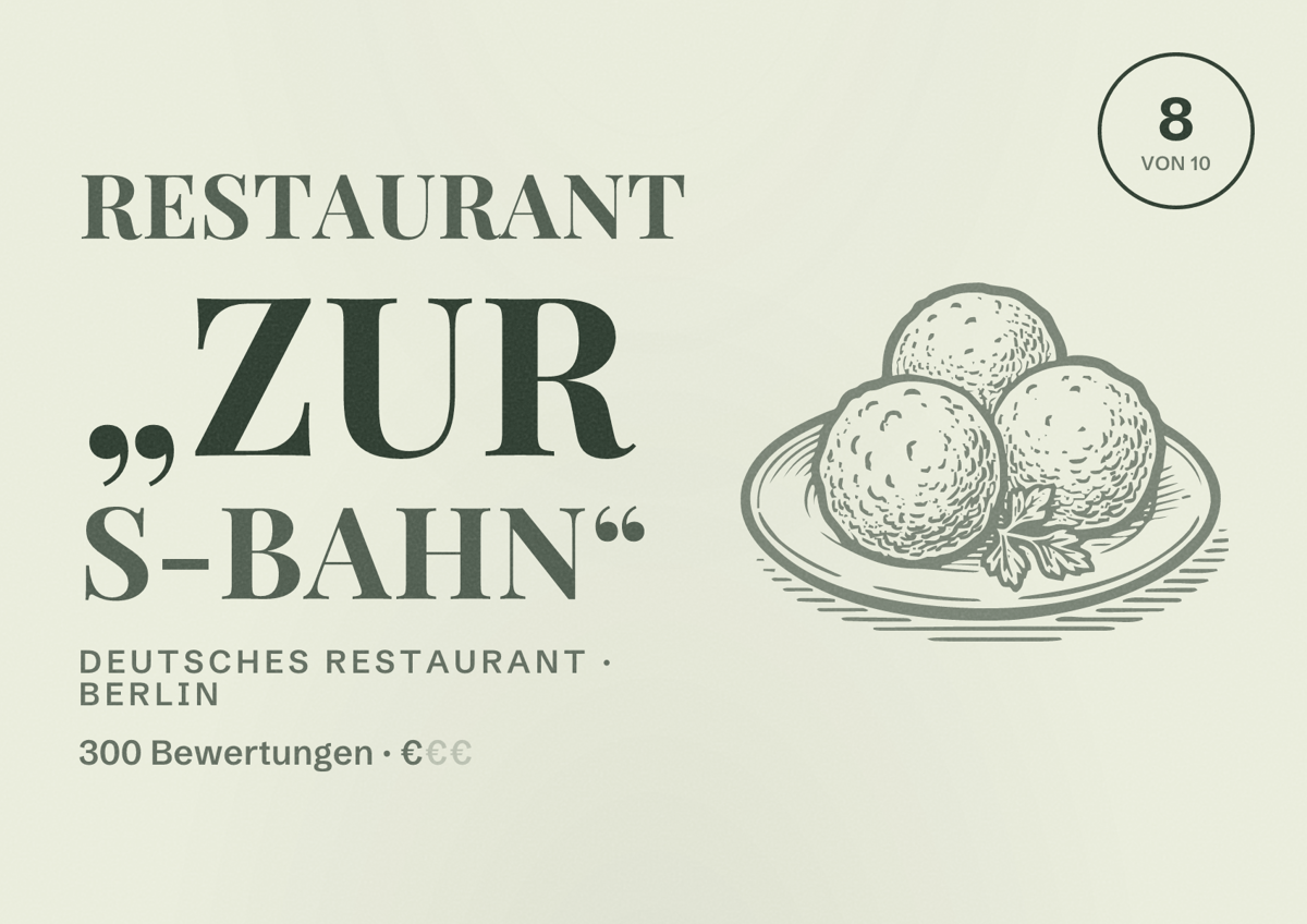 Illustriertes Poster von Restaurant „Zur S-Bahn“, Deutsches Restaurant in Berlin: Bewertung 8 von 10 aus 300 Bewertungen, Preisniveau €