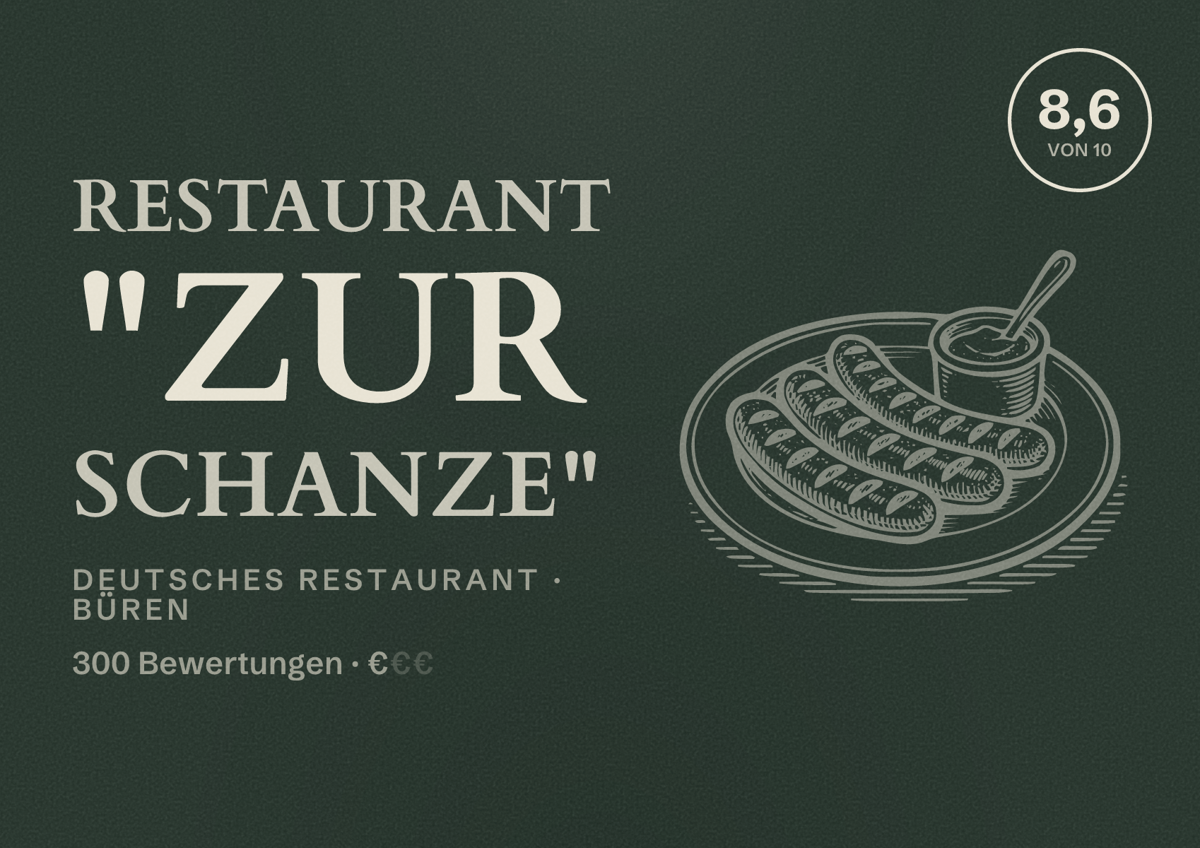 Illustriertes Poster von Restaurant "Zur Schanze", Deutsches Restaurant in Büren: Bewertung 8,6 von 10 aus 300 Bewertungen, Preisniveau €