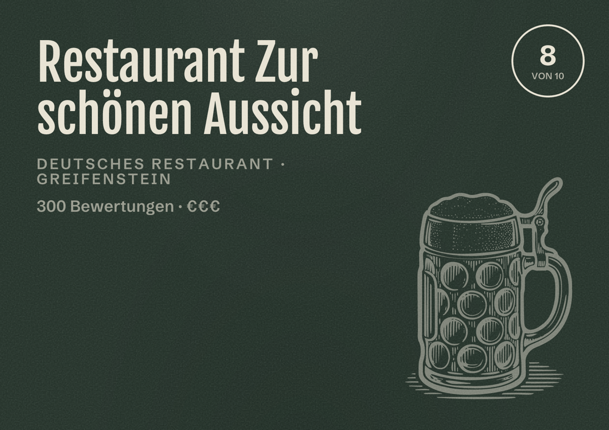 Illustriertes Poster von Restaurant Zur schönen Aussicht, Deutsches Restaurant in Greifenstein: Bewertung 8 von 10 aus 300 Bewertungen, Preisniveau €€€