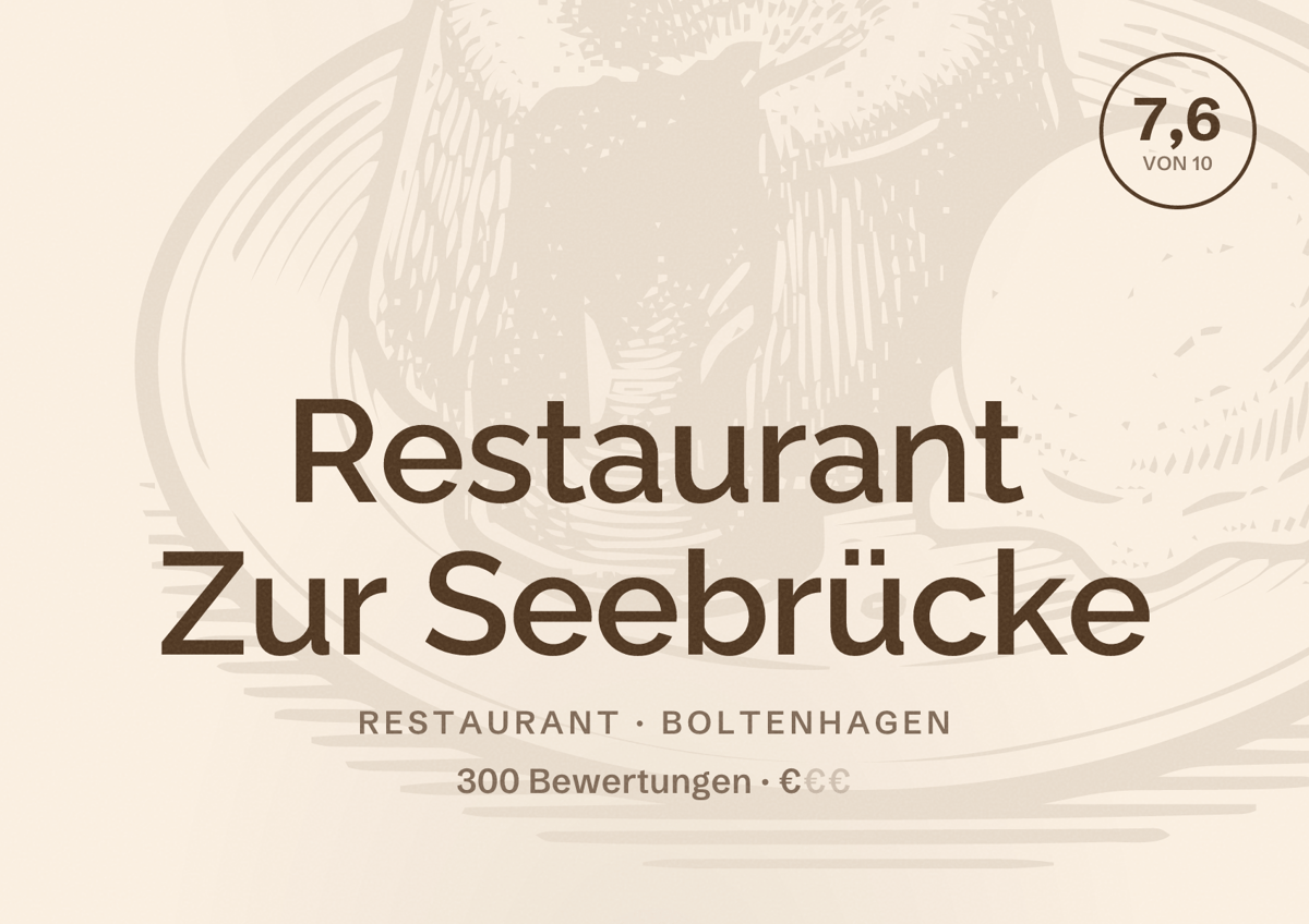 Illustriertes Poster von Restaurant Zur Seebrücke, Restaurant in Boltenhagen: Bewertung 7,6 von 10 aus 300 Bewertungen, Preisniveau €