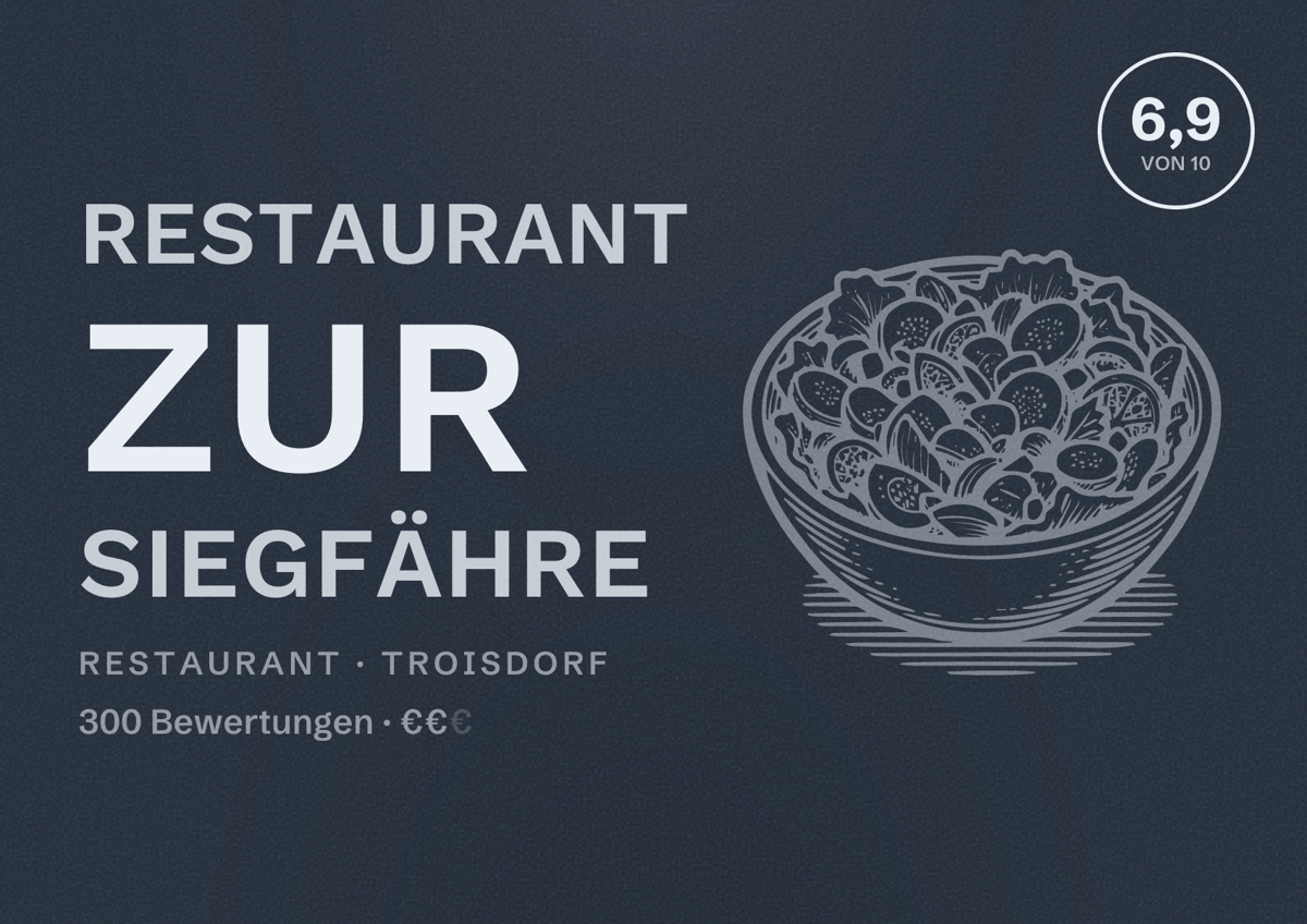 Illustriertes Poster von Restaurant Zur Siegfähre, Restaurant in Troisdorf: Bewertung 6,9 von 10 aus 300 Bewertungen, Preisniveau €€
