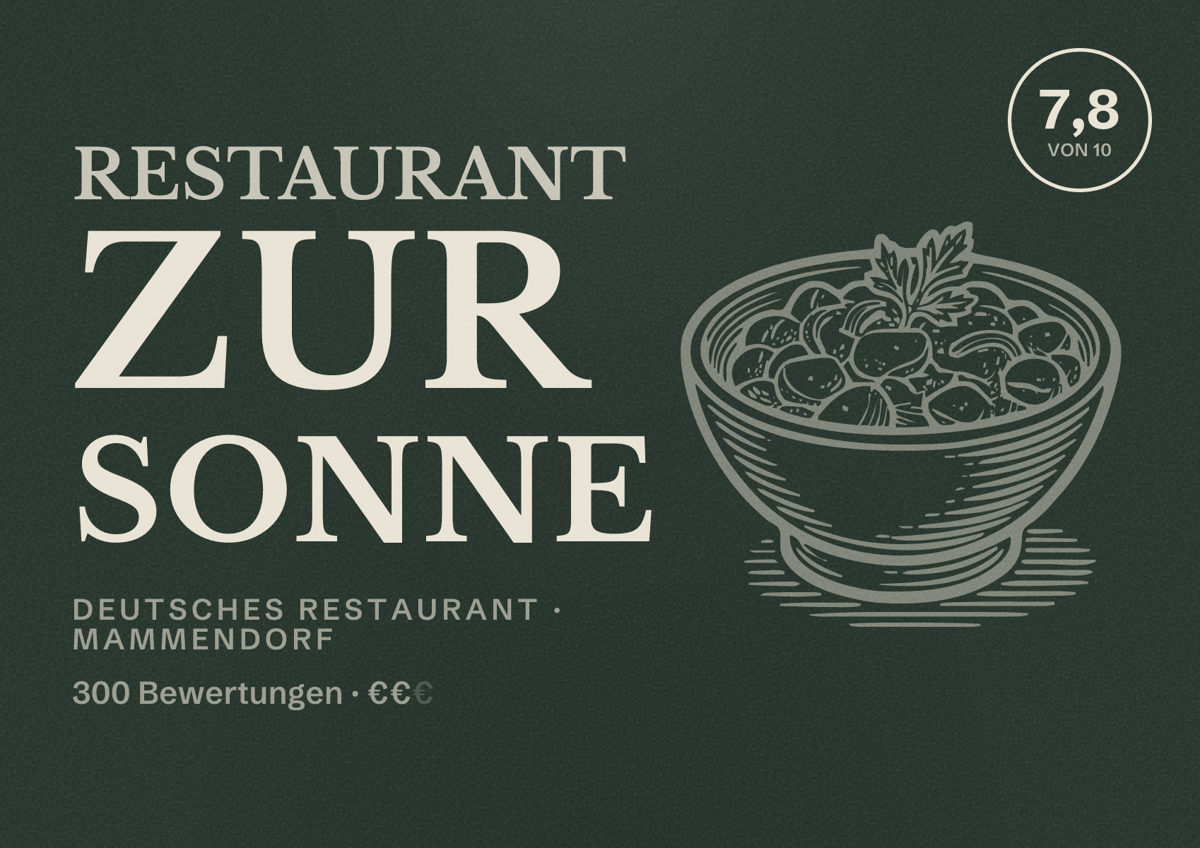 Illustriertes Poster von Restaurant Zur Sonne, Deutsches Restaurant in Mammendorf: Bewertung 7,8 von 10 aus 300 Bewertungen, Preisniveau €€