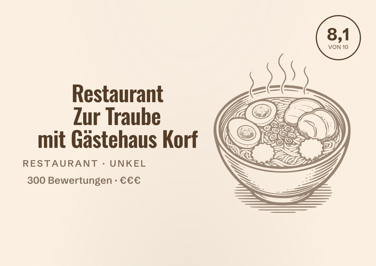 Illustriertes Poster von Restaurant Zur Traube mit Gästehaus Korf, Restaurant in Unkel: Bewertung 8,1 von 10 aus 300 Bewertungen, Preisniveau €€€