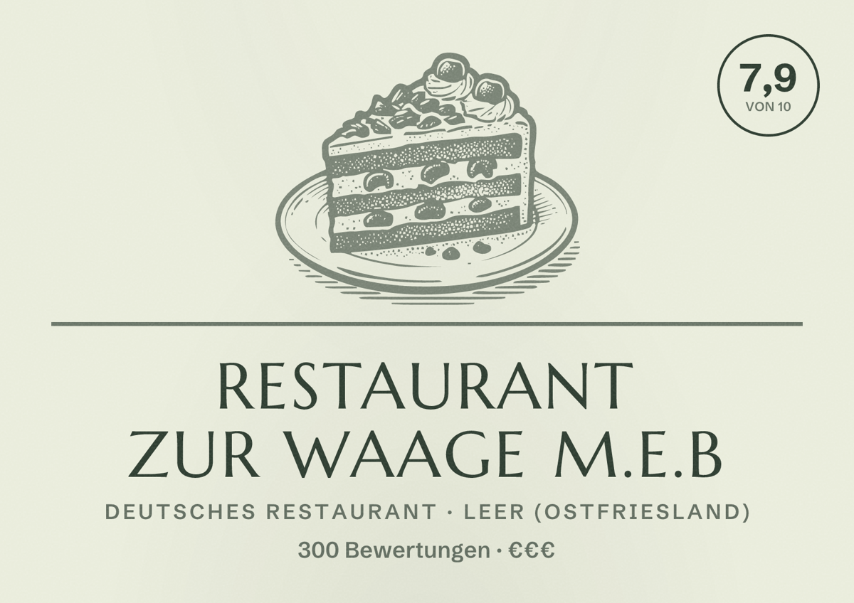 Illustriertes Poster von Restaurant zur Waage M.E.B, Deutsches Restaurant in Leer (Ostfriesland): Bewertung 7,9 von 10 aus 300 Bewertungen, Preisniveau €€€