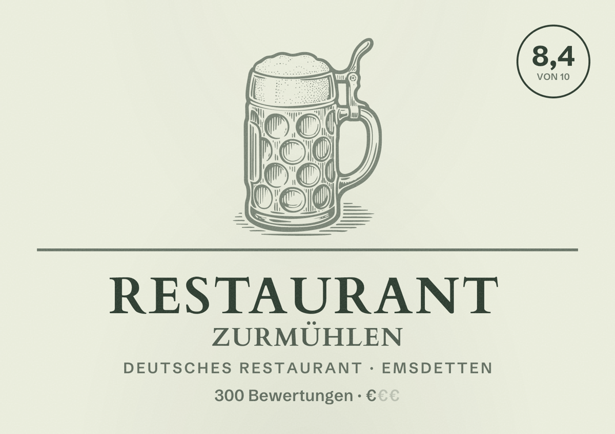 Illustriertes Poster von Restaurant Zurmühlen, Deutsches Restaurant in Emsdetten: Bewertung 8,4 von 10 aus 300 Bewertungen, Preisniveau €