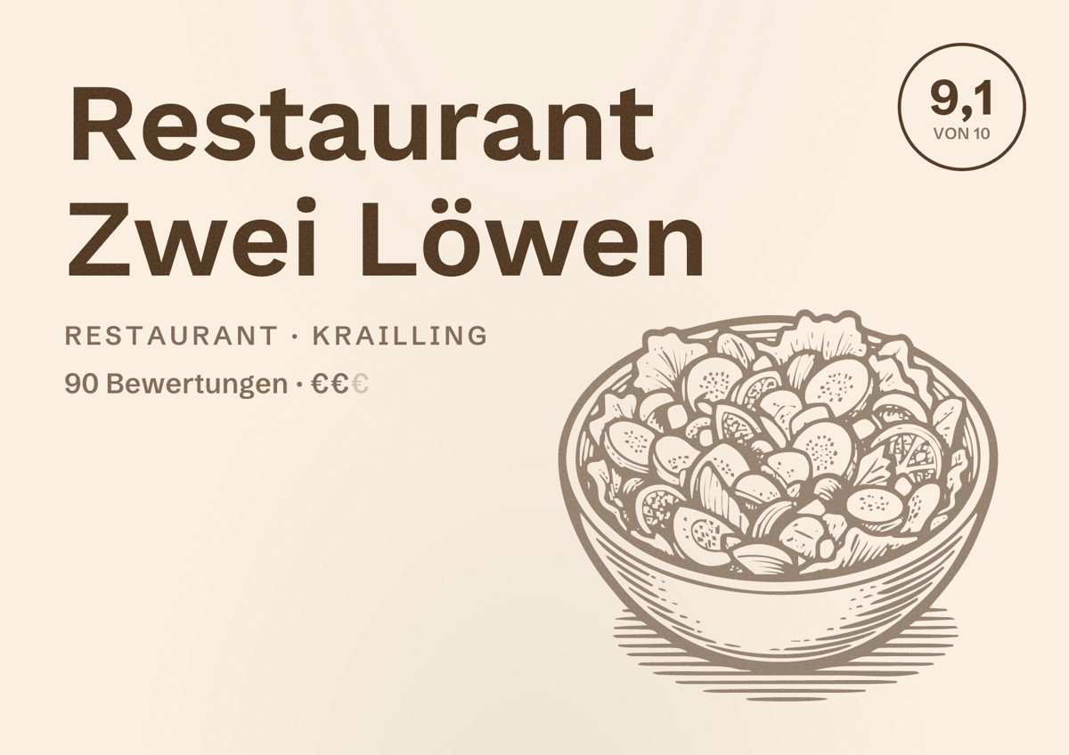 Illustriertes Poster von Restaurant Zwei Löwen, Restaurant in Krailling: Bewertung 9,1 von 10 aus 90 Bewertungen, Preisniveau €€