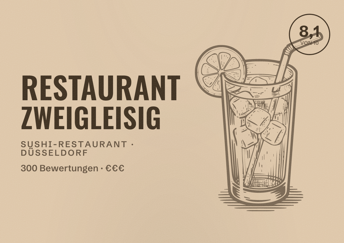 Illustriertes Poster von Restaurant zweigleisig, Sushi-Restaurant in Düsseldorf: Bewertung 8,1 von 10 aus 300 Bewertungen, Preisniveau €€€