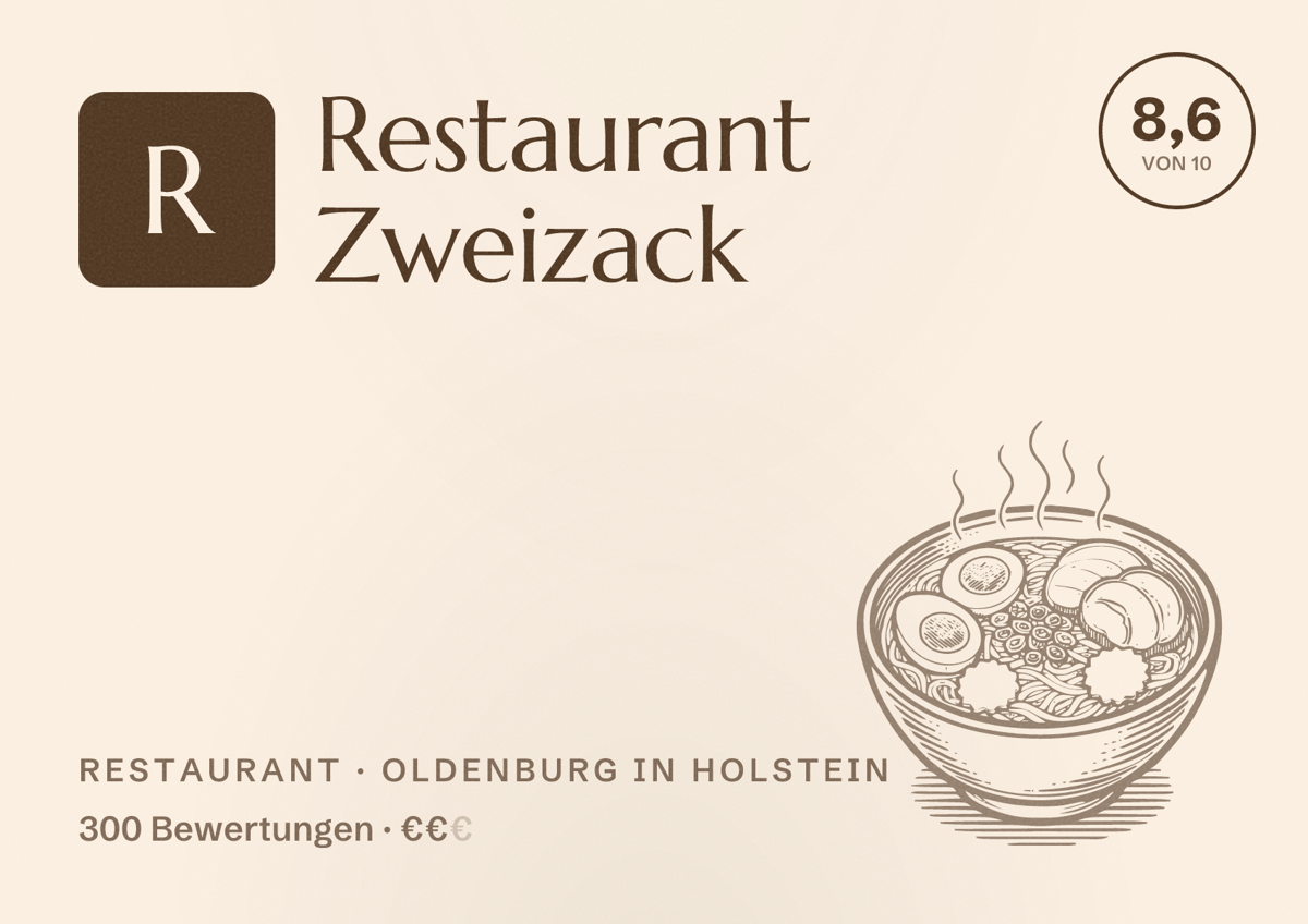 Illustriertes Poster von Restaurant Zweizack, Restaurant in Oldenburg in Holstein: Bewertung 8,6 von 10 aus 300 Bewertungen, Preisniveau €€