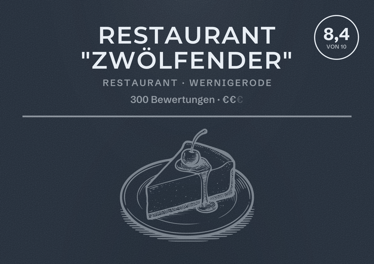 Illustriertes Poster von Restaurant "Zwölfender", Restaurant in Wernigerode: Bewertung 8,4 von 10 aus 300 Bewertungen, Preisniveau €€