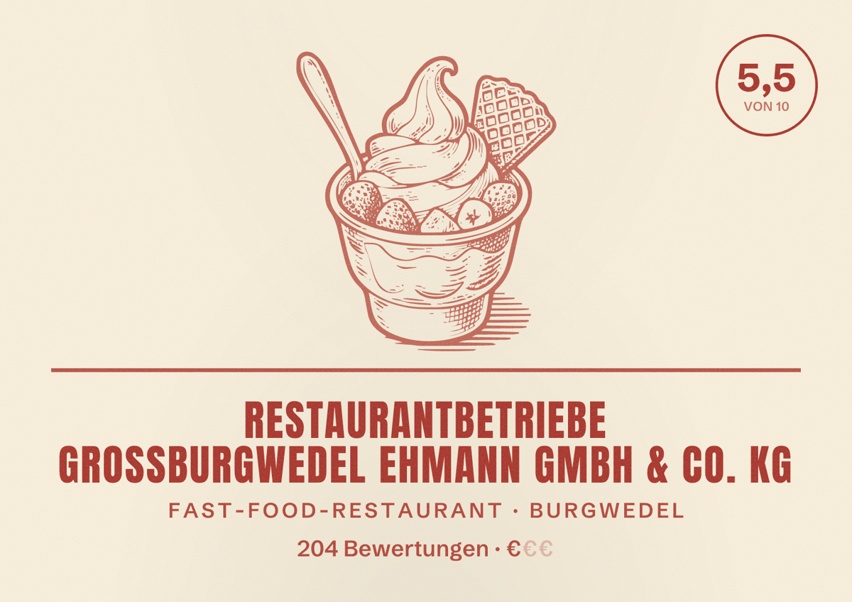Illustriertes Poster von Restaurantbetriebe Großburgwedel Ehmann GmbH & Co. KG, Fast-Food-Restaurant in Burgwedel: Bewertung 5,5 von 10 aus 204 Bewertungen, Preisniveau €