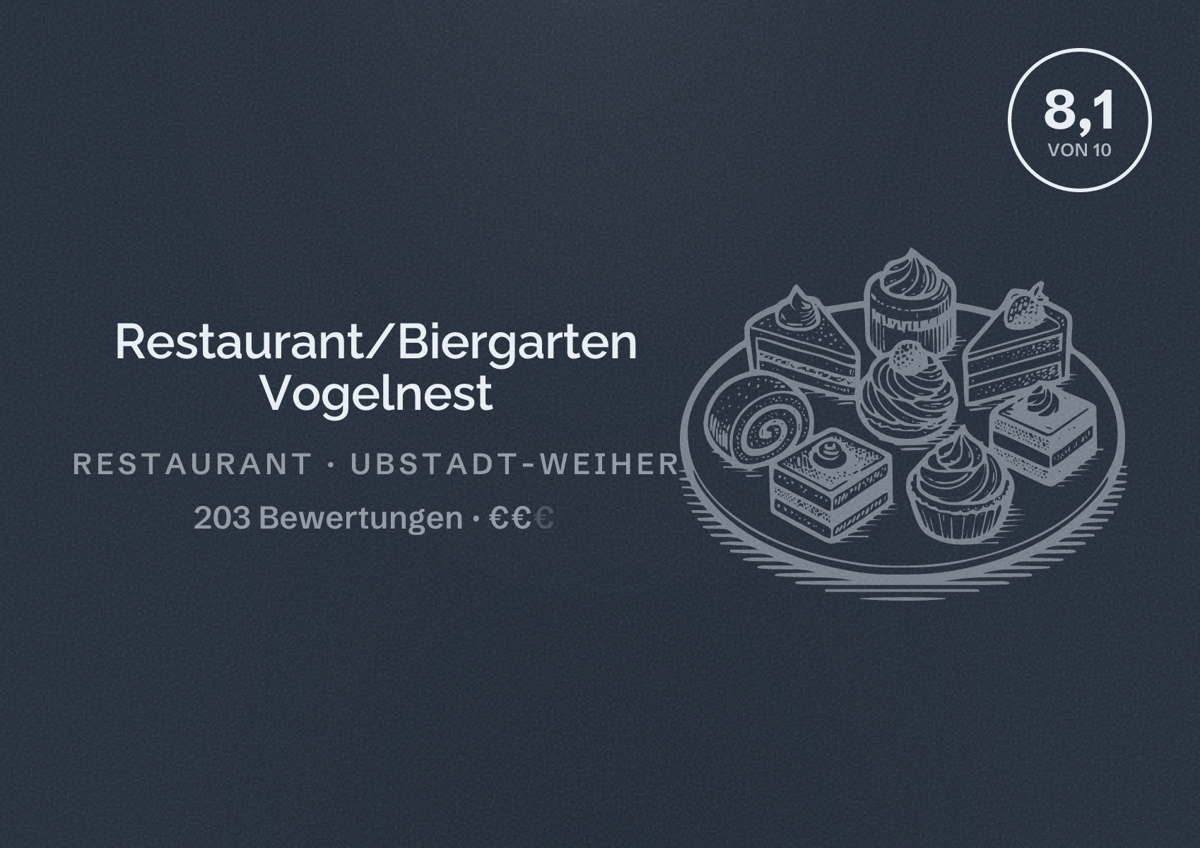 Illustriertes Poster von Restaurant/Biergarten Vogelnest, Restaurant in Ubstadt-Weiher: Bewertung 8,1 von 10 aus 203 Bewertungen, Preisniveau €€